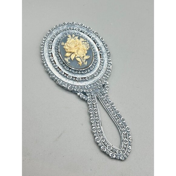 Vintage Florenza Small Hand Mirror Dusty Blue Enamel with Floral Resin Cameo - Picture 9 of 12